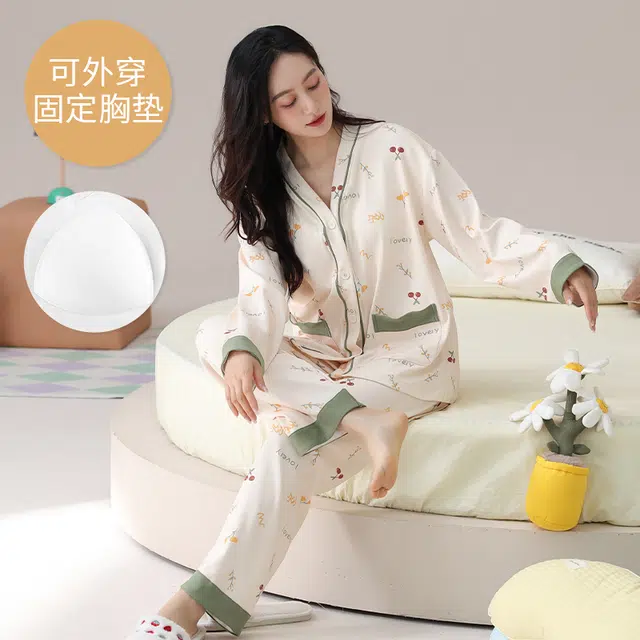 芬腾可安 外出可穿春秋季简约宽松温柔设计感显瘦带胸垫大码少女感家居服睡衣套装 女款