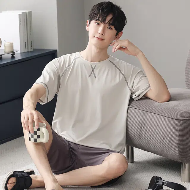 芬腾可安 可外穿的家居服显瘦青春大学生轻盈休闲细腻遮肉个性舒适圆领宽松短袖五分裤春夏季睡衣套装 男款