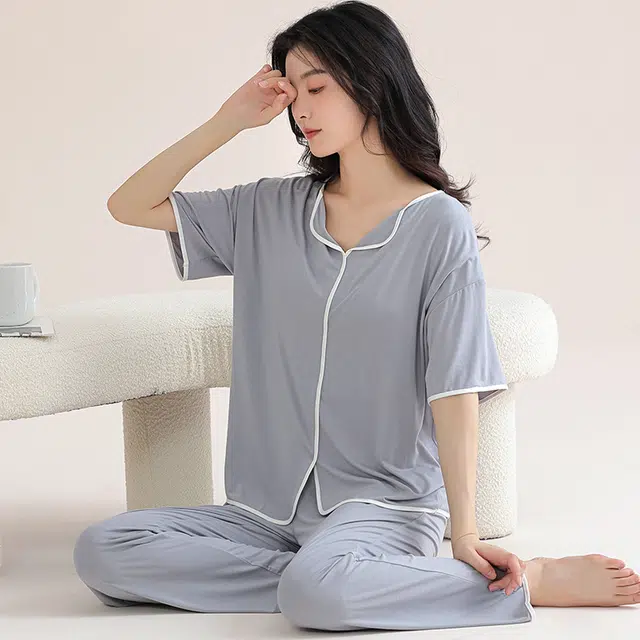 芬腾可安 舒适柔软气质家居服带胸垫休闲一体式短袖长裤甜美细腻大学生亲肤宿舍外出都可穿睡衣套装 女款
