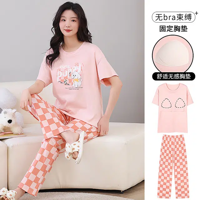 芬腾可安 韩版气质遮肉温柔大学生一体式轻盈亲肤带胸垫免穿文胸可外穿短袖长裤家居服睡衣套装 女款