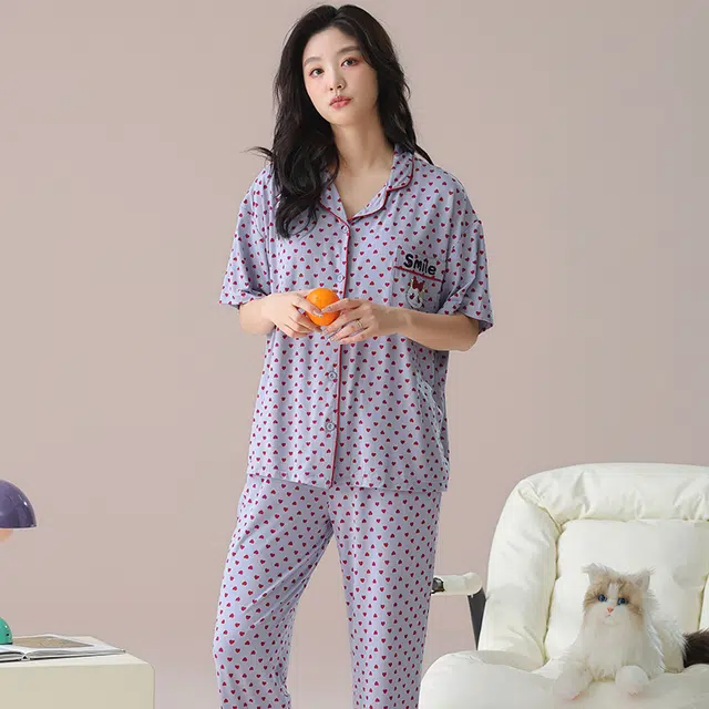 芬腾可安 气质家居服带胸垫一体式短袖长裤甜美大学生宿舍外出都可穿细腻舒适柔软亲肤睡衣套装 女款