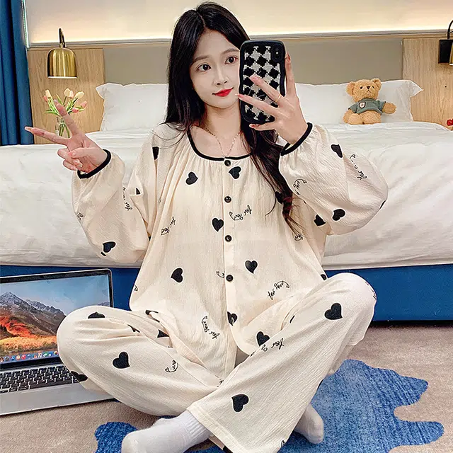 芬腾可安 可外穿的春秋杯垫一体休闲亲肤舒适少女简约家居服睡衣套装 女款