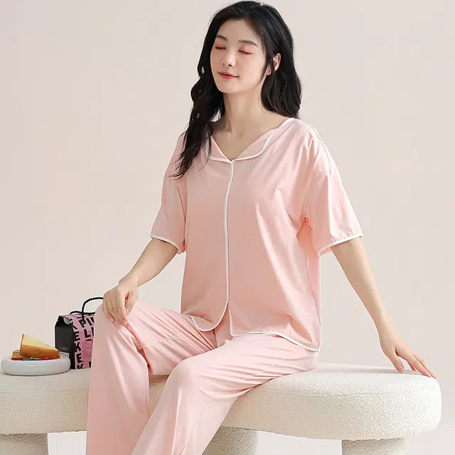 芬腾可安 细腻气质家居服带胸垫一体式短袖长裤甜美舒适柔软亲肤大学生宿舍外出都可穿睡衣套装 女款