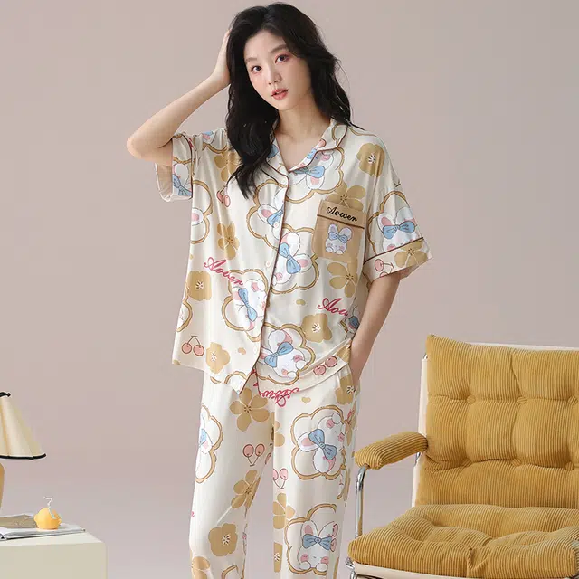 芬腾可安 气质家居服带胸垫一体式短袖长裤时尚甜美柔软亲肤大学生宿舍外出都可穿细腻舒适睡衣套装 女款