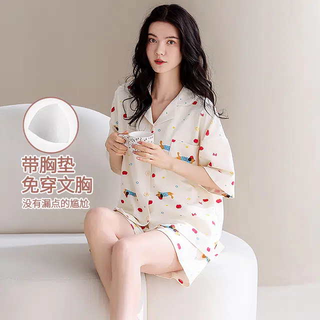 芬腾可安 韩版纯棉大学生宿舍带胸垫一体式外出都可穿的细腻显瘦简约遮肉家居服短袖三分裤睡衣套装 女款