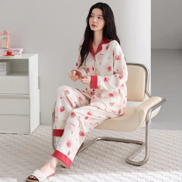 芬腾可安 纯棉简约显瘦宽松开衫春秋时尚亲肤翻领休闲少女舒适家居服睡衣套装 女款