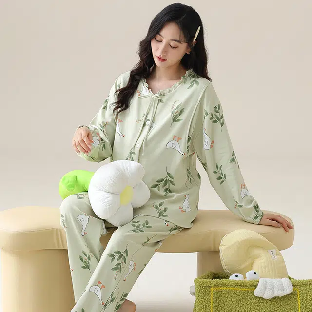 芬腾可安 外出可穿柔软舒适春秋松紧裤腰哺乳期可穿月子家居服睡衣套装 女款