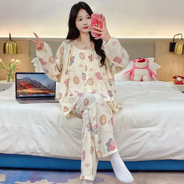 芬腾可安 可外穿柔软一体式亲肤带胸垫家居服睡衣套装 女款