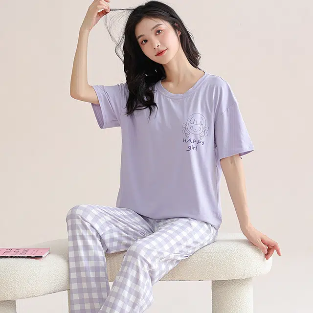 芬腾可安 亲肤柔软气质家居服带固定胸垫休闲一体式甜美细腻短袖长裤舒适大学生宿舍外出都可穿睡衣套装 女款