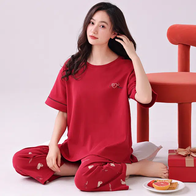 芬腾可安 外出可穿家居服休闲宽松舒适微弹显瘦透气时尚短袖七分裤韩版睡衣套装 女款