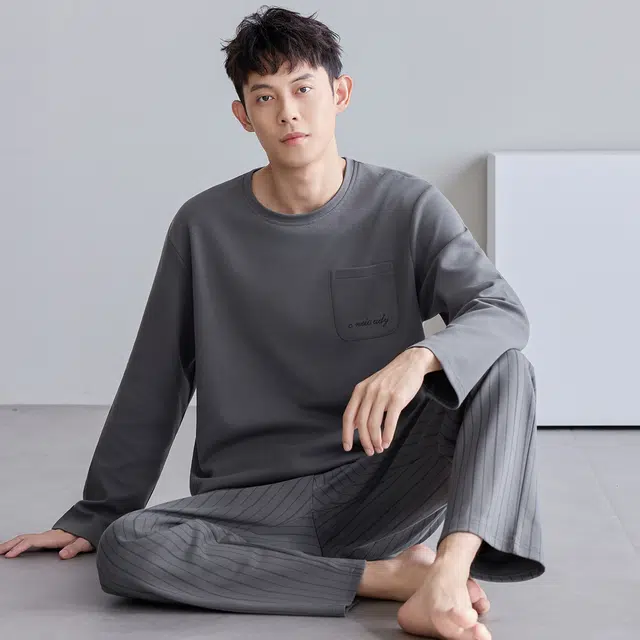 芬腾可安 纯棉气质外出可穿亲肤舒适春秋季休闲轻盈家居服睡衣套装 男款