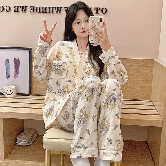 芬腾可安 春秋亲肤可外穿带胸垫和服领开衫一体式家居服睡衣套装 女款