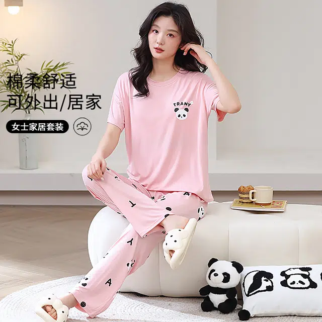 芬腾可安 春夏秋季纯棉韩版气质修身遮肉少女大学生温柔一体式带胸垫免穿文胸轻盈亲肤可外穿的两件短袖长裤家居服睡衣套装 女款