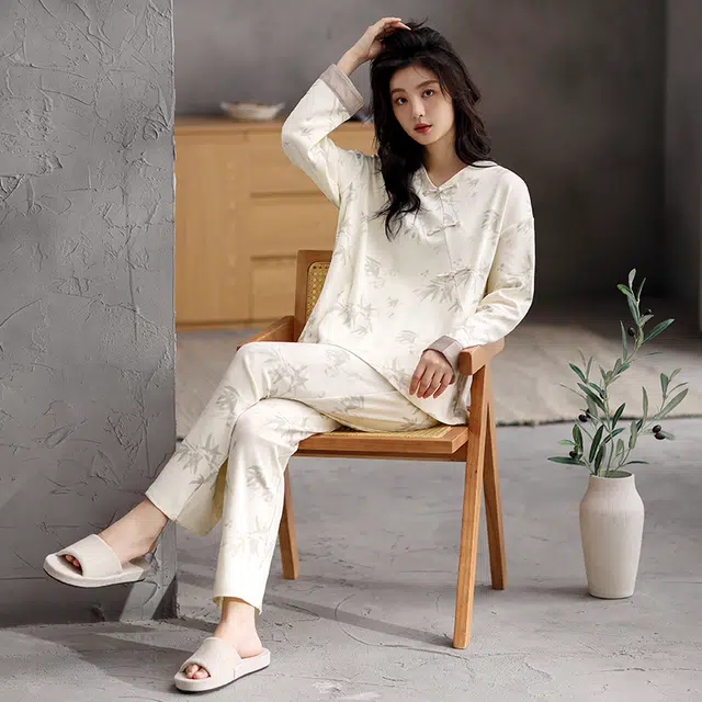 芬腾可安 秋冬季简约纯棉圆领舒适柔软少女无感杯垫一体式家居服睡衣套装 女款