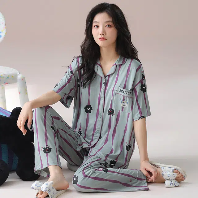芬腾可安 气质家居服甜美带胸垫一体式短袖长裤大学生外出宿舍都可穿细腻舒适柔软亲肤睡衣套装 女款