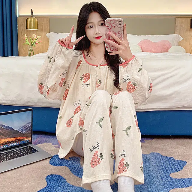 芬腾可安 可外穿的简约春秋杯垫一体家居服睡衣套装 女款