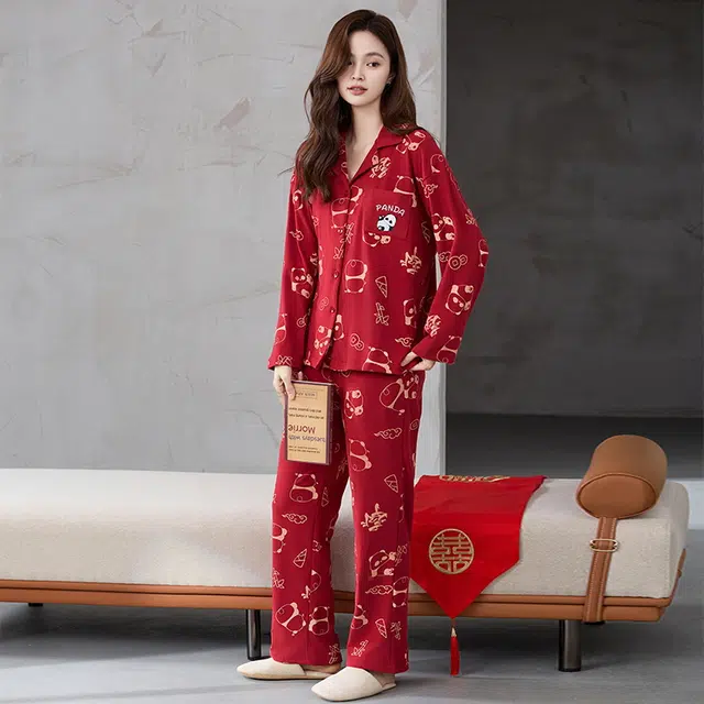 芬腾可安 喜庆秋冬季情侣款保暖柔软亲肤显瘦舒适家居服睡衣套装 女款