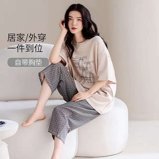 芬腾可安 家居服带胸垫一体式甜美透气简约大学生宿舍外出可穿亲肤轻熟风柔软短袖七分裤睡衣套装 女款
