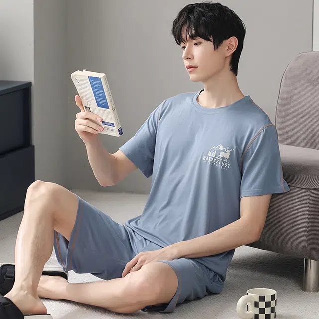 芬腾可安 可外穿的家居服大学生轻盈休闲细腻遮肉个性舒适圆领宽松显瘦青春短袖五分裤春夏季睡衣套装 男款