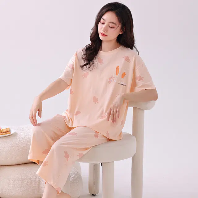 芬腾可安 外出可穿的家居服纯棉休闲宽松舒适透气微弹显瘦时尚韩版短袖七分裤春夏季睡衣套装 女款