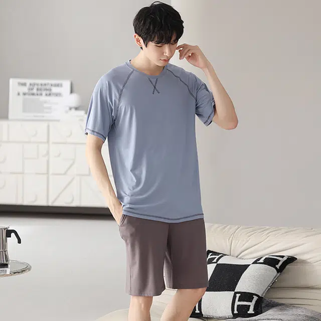 芬腾可安 可外穿的家居服显瘦青春大学生轻盈休闲细腻遮肉个性圆领宽松舒适短袖五分裤春夏季睡衣套装 男款