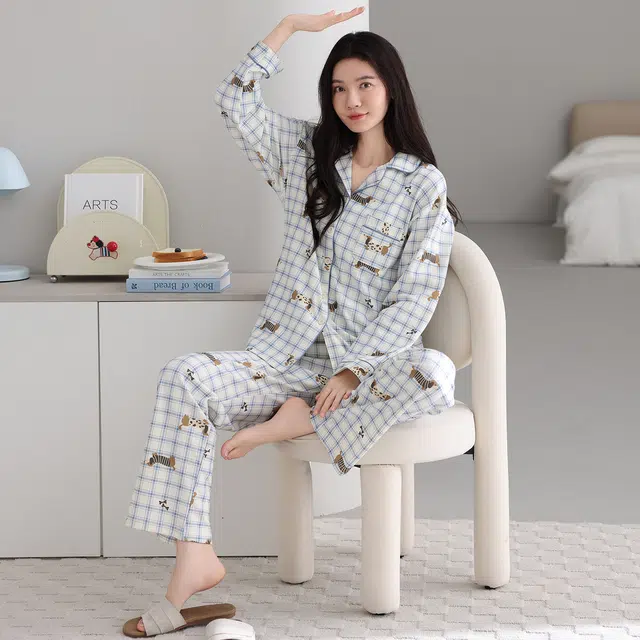 芬腾可安 纯棉简约显瘦亲肤翻领舒适开衫少女春秋时尚休闲宽松家居服睡衣套装 女款