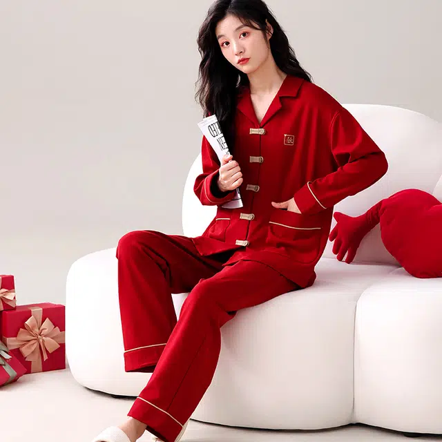 芬腾可安 情侣款春秋本命年亲肤少女气质柔软舒适家居服睡衣套装 女款