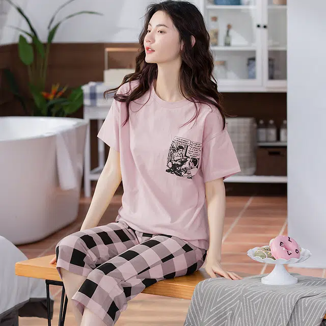 芬腾可安 休闲带胸垫纯棉宿舍可穿简约舒适活力气质甜美轻盈青春亲肤设计感家居服春夏季睡衣套装 女款