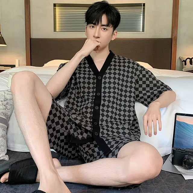 芬腾可安 韩版时尚简约高级感舒适亲肤气质经典柔软家居服短袖五分裤春夏季睡衣套装 男款