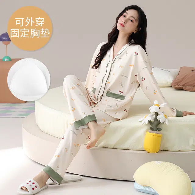 芬腾可安 外出可穿春秋季简约宽松温柔设计感显瘦带胸垫大码少女感家居服睡衣套装 女款