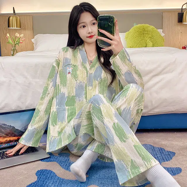 芬腾可安 春秋亲肤可外穿和服领带胸垫一体式开衫家居服睡衣套装 女款