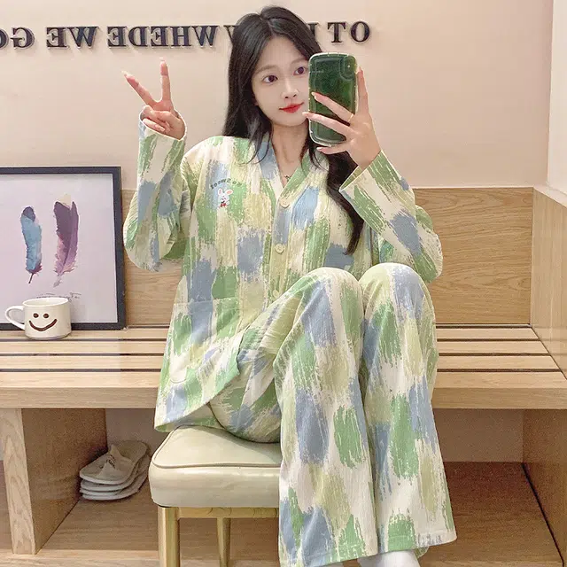 芬腾可安 春秋亲肤可外穿和服领带胸垫一体式开衫家居服睡衣套装 女款