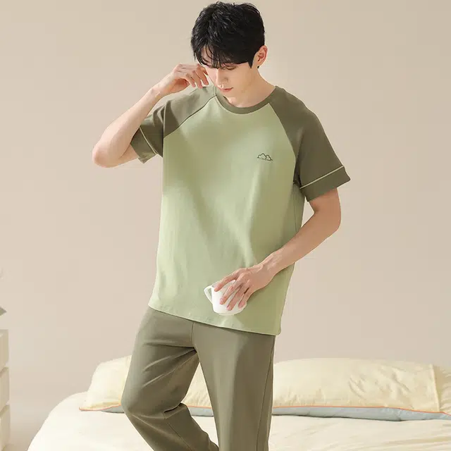 芬腾可安 带胸垫外出可穿亲肤细腻休闲舒适气质家居服短袖长裤春夏季睡衣套装 男女同款