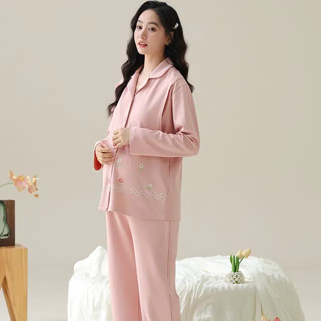 芬腾可安 纯棉外出可穿带胸垫孕期哺乳期都可穿的月子家居服优雅宽松显瘦可调节腰带长袖长裤春秋季睡衣套装 女款
