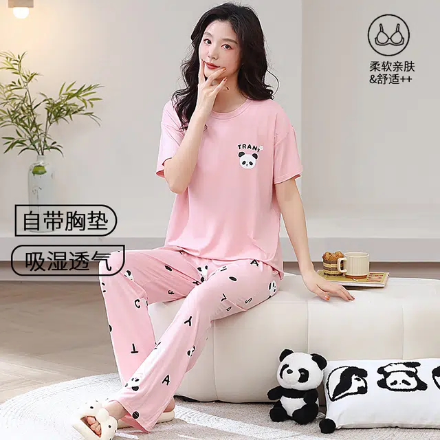 芬腾可安 春夏秋季纯棉韩版气质修身遮肉少女大学生温柔一体式带胸垫免穿文胸轻盈亲肤可外穿的两件短袖长裤家居服睡衣套装 女款