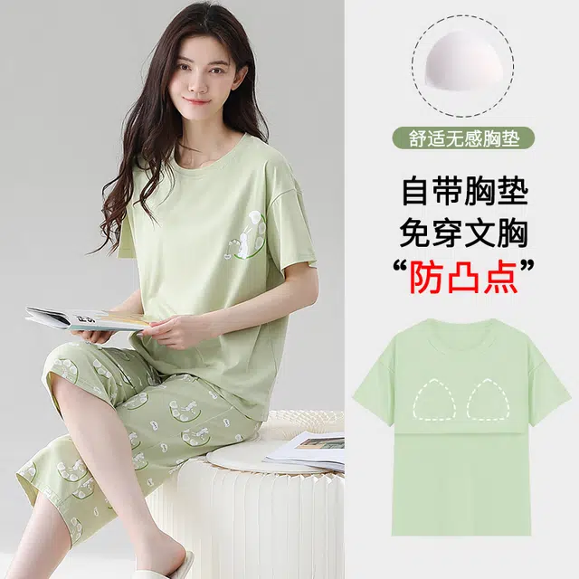 芬腾可安 休闲青春亲肤纯棉带胸垫一体式设计感透气大学生宿舍可穿简约舒适活力气质轻薄甜美轻盈家居服短袖七分裤春夏季睡衣套装 女款