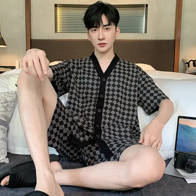芬腾可安 韩版时尚简约高级感舒适亲肤气质经典柔软家居服短袖五分裤春夏季睡衣套装 男款