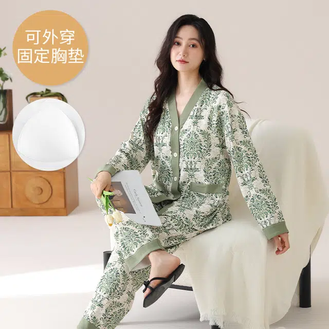 芬腾可安 春秋季简约宽松温柔设计感显瘦带胸垫少女感大码家居服睡衣套装 女款