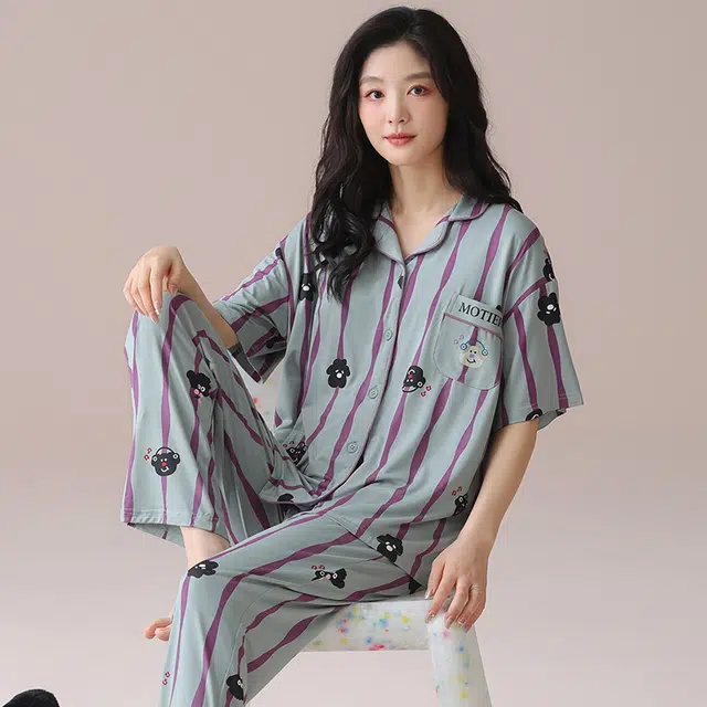 芬腾可安 气质家居服甜美带胸垫一体式短袖长裤大学生外出宿舍都可穿细腻舒适柔软亲肤睡衣套装 女款