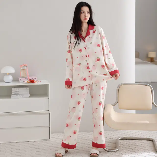 芬腾可安 纯棉简约显瘦宽松开衫春秋时尚亲肤翻领休闲少女舒适家居服睡衣套装 女款