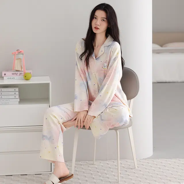 芬腾可安 纯棉简约显瘦宽松开衫春秋少女舒适时尚亲肤翻领休闲家居服睡衣套装 女款