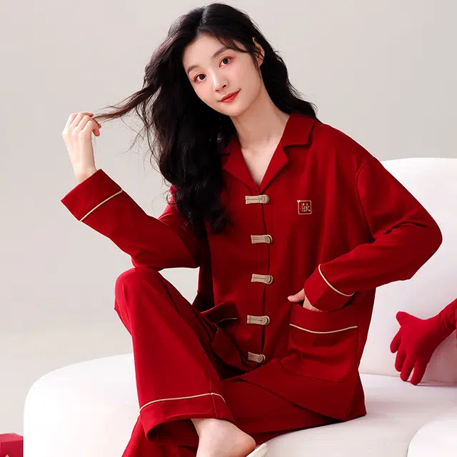 芬腾可安 情侣款春秋本命年亲肤少女气质柔软舒适家居服睡衣套装 女款