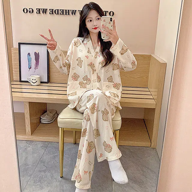 芬腾可安 春秋亲肤可外穿一体式带胸垫和服领开衫家居服睡衣套装 女款