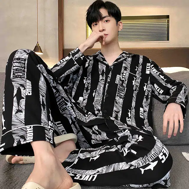 芬腾可安 春秋季简约休闲亲肤翻领开衫轻熟风家居服睡衣套装 男款