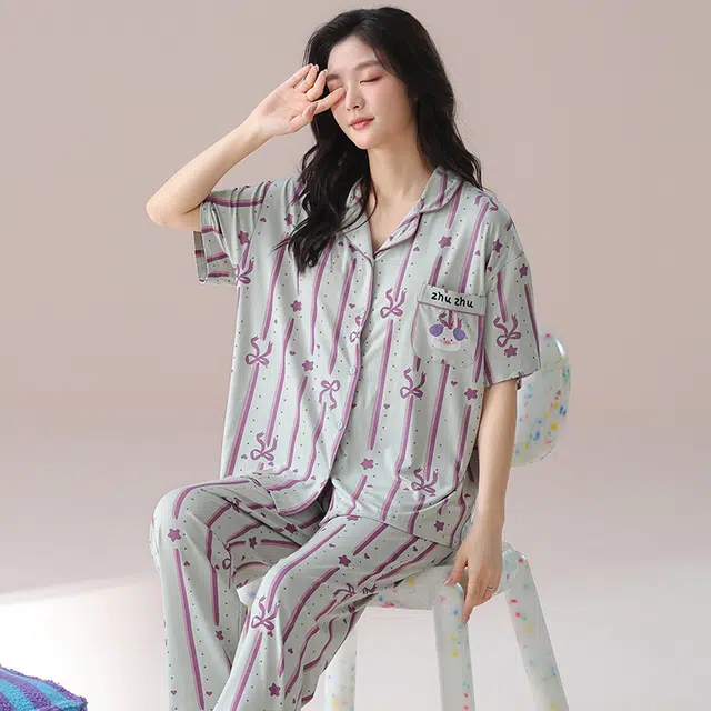 芬腾可安 气质家居服带胸垫一体式短袖长裤甜美大学生外出宿舍都可穿细腻舒适柔软亲肤睡衣套装 女款