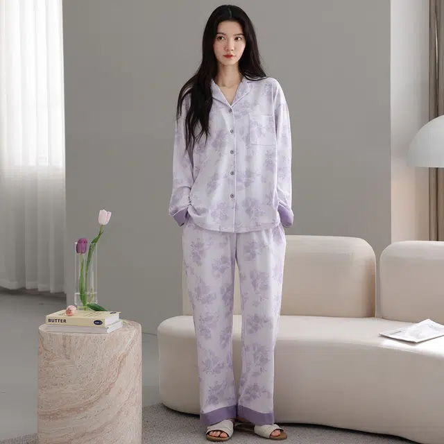 芬腾可安 纯棉简约显瘦春秋时尚亲肤翻领休闲宽松开衫少女舒适家居服睡衣套装 女款