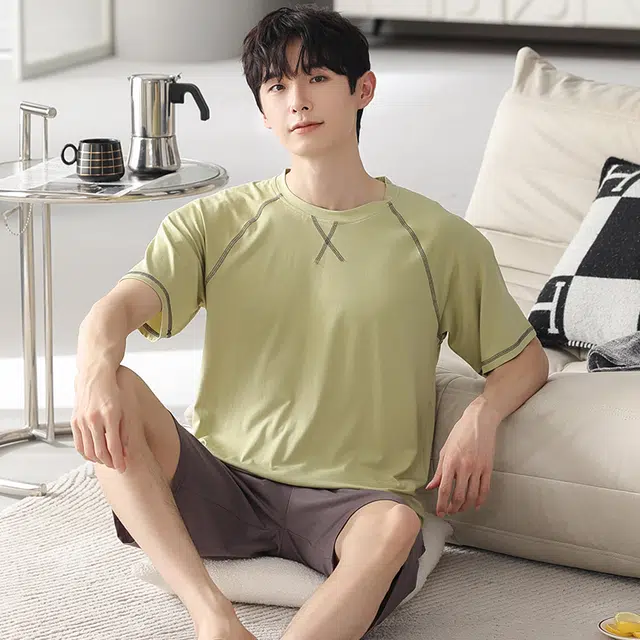 芬腾可安 可外穿的家居服显瘦青春大学生轻盈休闲细腻遮肉舒适圆领宽松短袖五分裤春夏季睡衣套装 男款