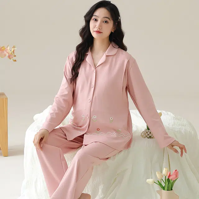 芬腾可安 纯棉外出可穿带胸垫孕期哺乳期都可穿的月子家居服优雅宽松显瘦可调节腰带长袖长裤春秋季睡衣套装 女款