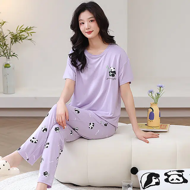 芬腾可安 春夏秋季纯棉韩版气质修身遮肉少女温柔大学生一体式带胸垫免穿文胸轻盈亲肤可外穿的两件短袖长裤家居服睡衣套装 女款