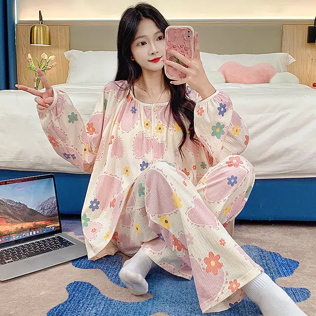 芬腾可安 可外穿的简约风格春秋固定杯垫开衫一体家居服睡衣套装 女款